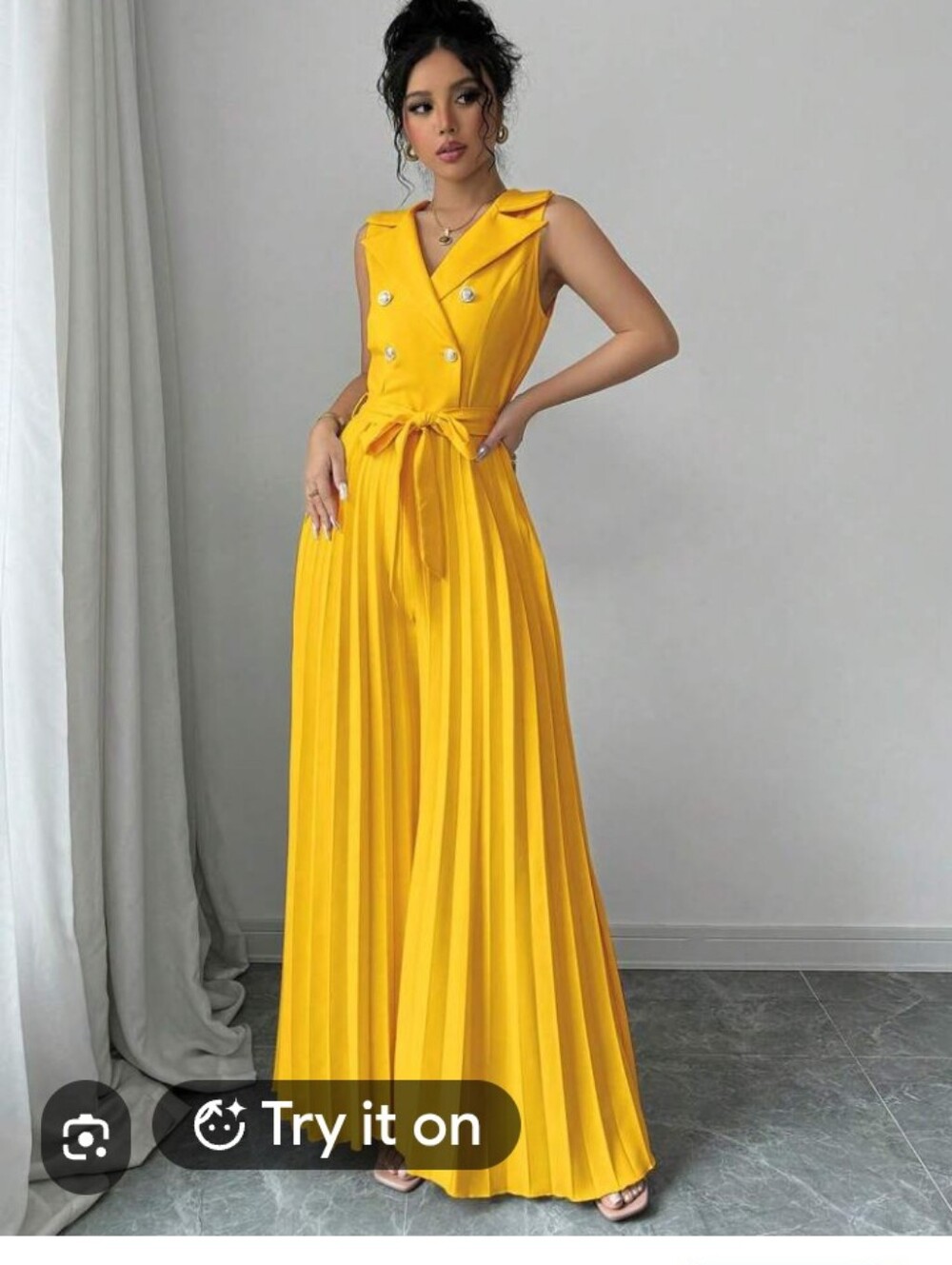 SHEIN Bright Yellow, Double- Breasted Sleeveless Pleated Wide Flare Leg Pantsuit